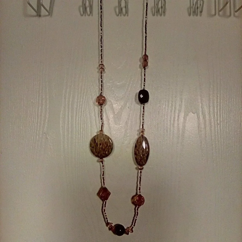 Beautiful Unique Long Beaded Necklace Neutral Colors 39
